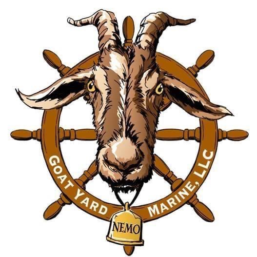 Original Goat Yard Marine logo: a goat's head over a ship's wheel