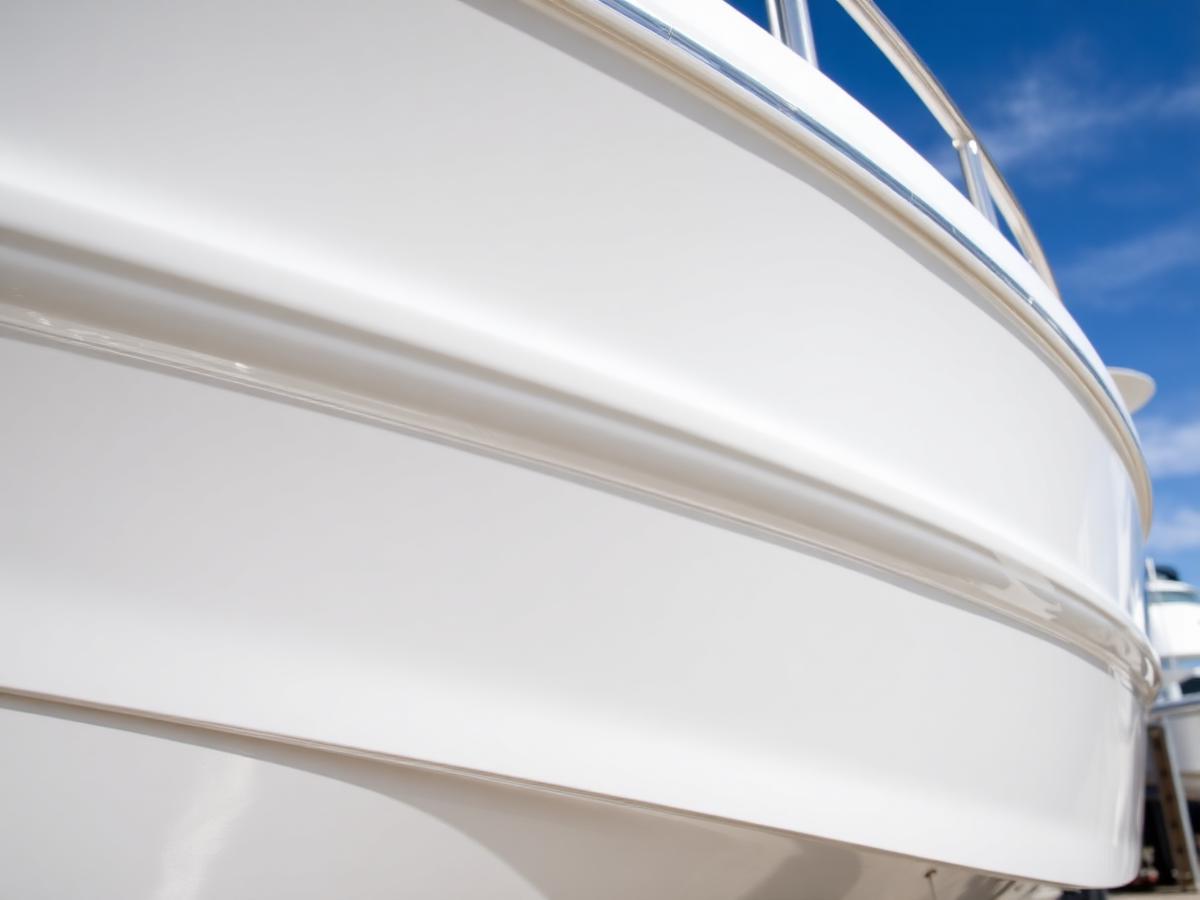 Mirror-finish white powerboat hull after detailing
