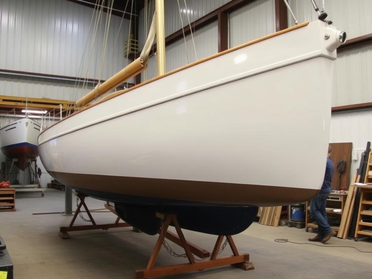 Sailboat hull on stands being faired in the boatyard shop
